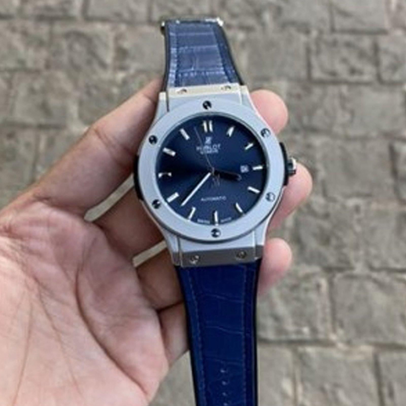 Hublot Automatic Blue with Crocodile Belt.