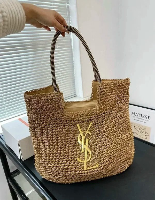 YSL Saint Laurent ICare Raffia Jute Tote Bag With OG Box & Dust Bag (Brown - 991)(BSB)