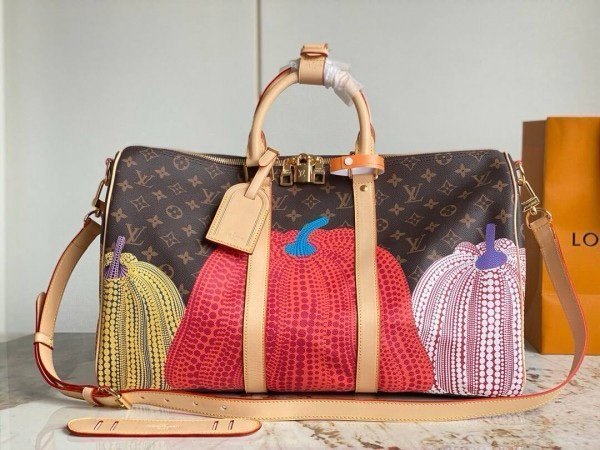 Louis Vuitton Keepall Duffle Bandouliere Bag Yayoi Kusama Pumpkins Monogram Canvas 45 (202313)