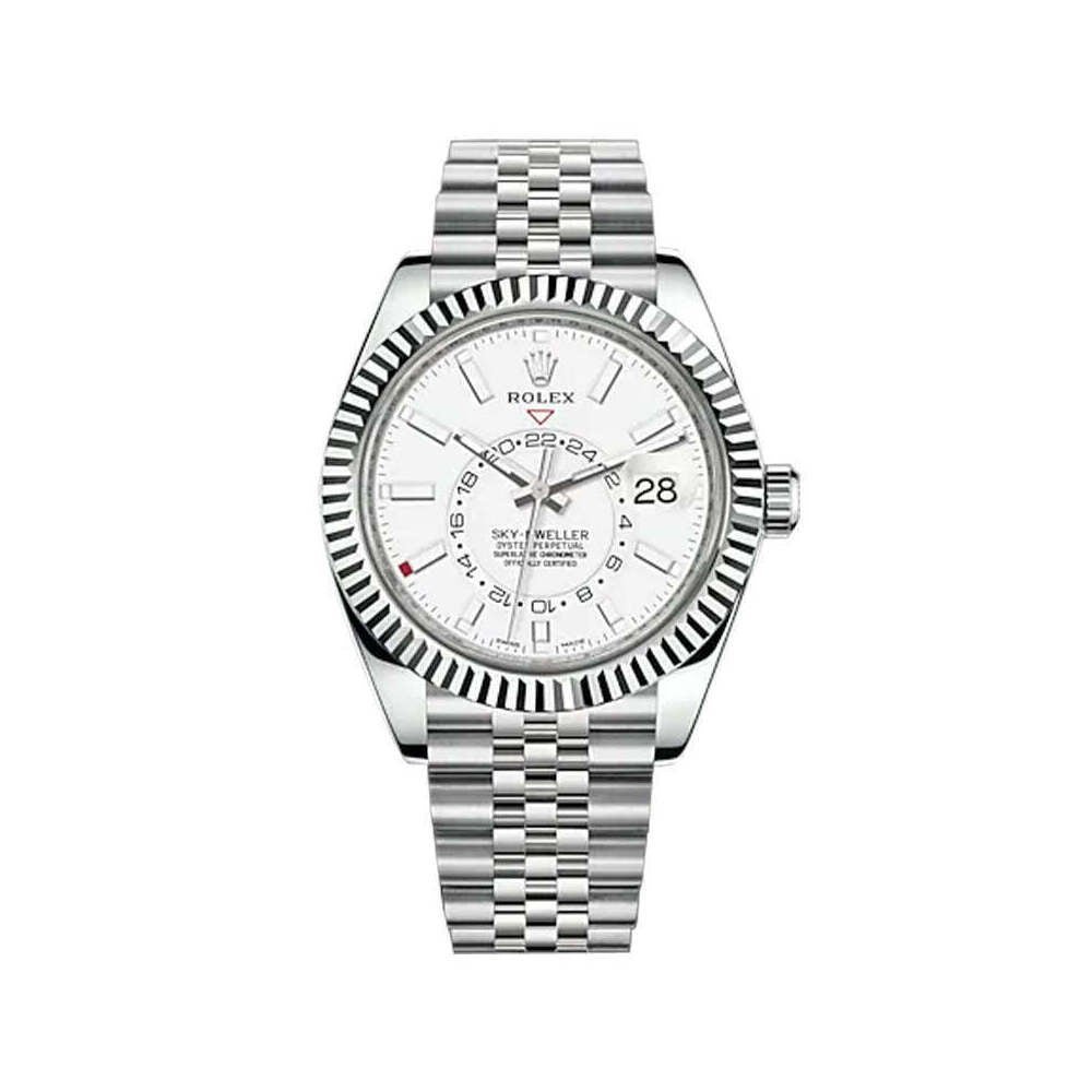 ROLEX SKY-DWELLER 42MM OYSTERSTEEL JUBILEE FLUTED BEZEL WHITE DIAL WATCH